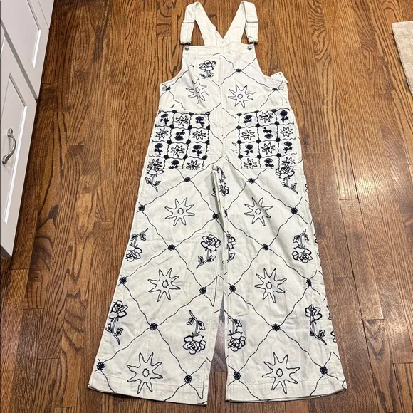 Free People We the Free Rising Sun Embroidered Overalls in Solar Ecru - Picture 8 of 10